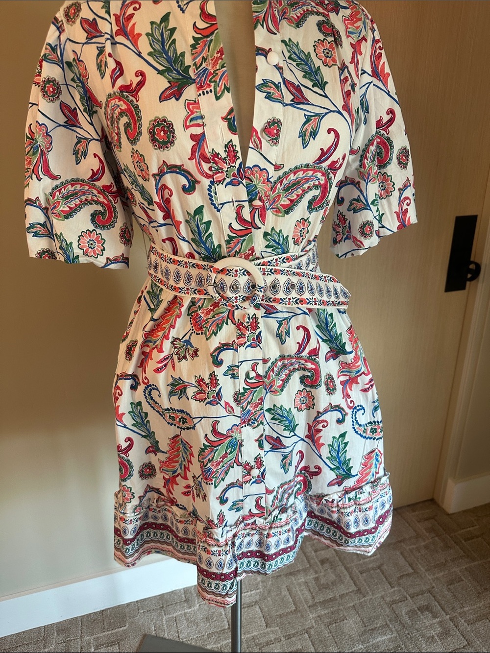 LF White Paisley Floral Belted Mini Dress